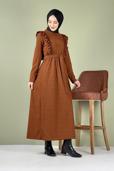 END - Kadife Fırfırlı Elbise TABA