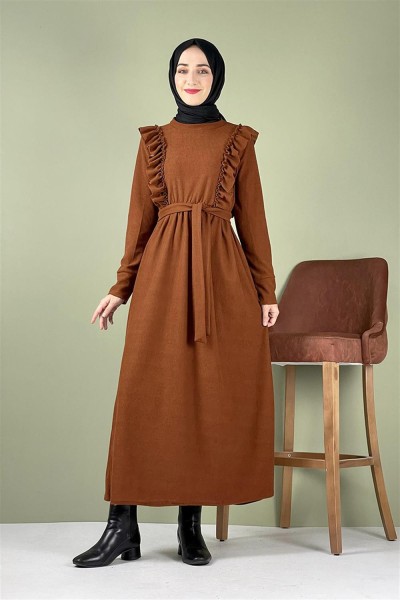 Kadife Fırfırlı Elbise TABA - Thumbnail