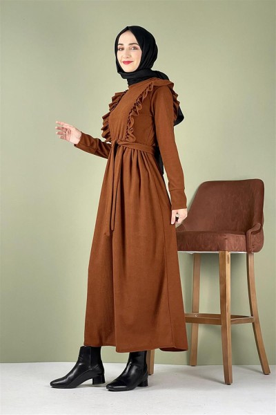 Kadife Fırfırlı Elbise TABA - Thumbnail