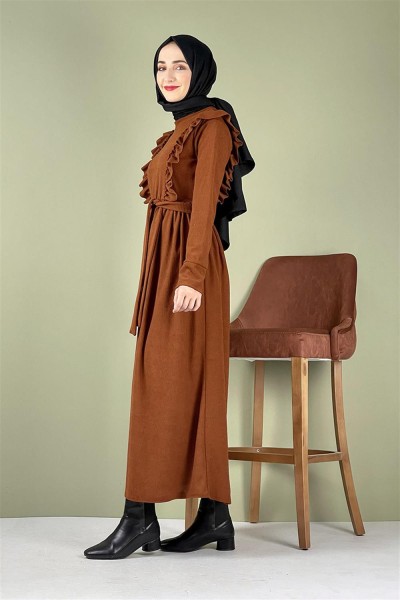 Kadife Fırfırlı Elbise TABA - Thumbnail