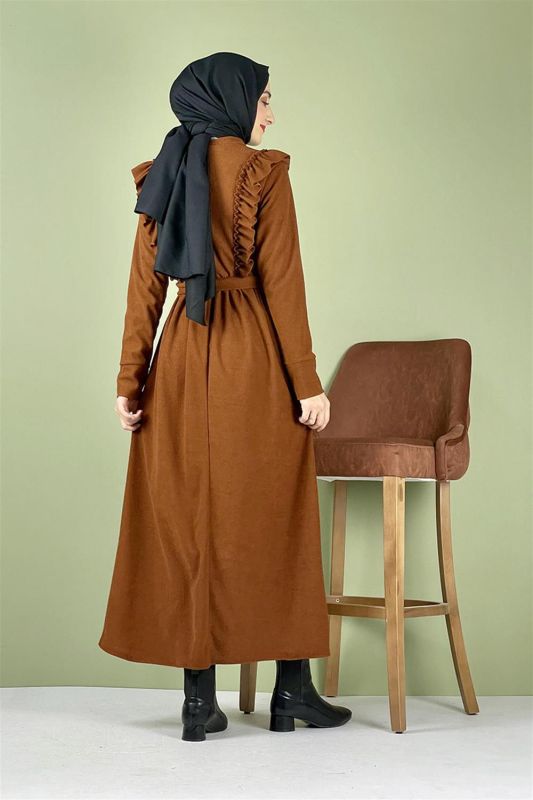 Kadife Fırfırlı Elbise TABA - 5