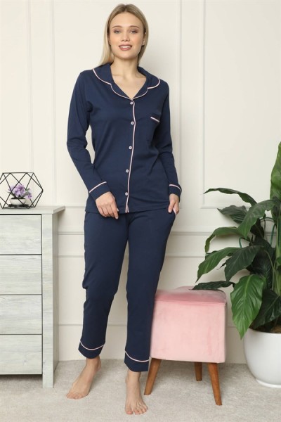 Moda Çizgi - Kadın %100 Pamuk Penye Önden Düğmeli Uzun Kol Pijama Takım 2713