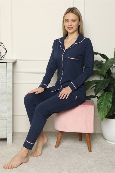 Kadın %100 Pamuk Penye Önden Düğmeli Uzun Kol Pijama Takım 2713 - Thumbnail