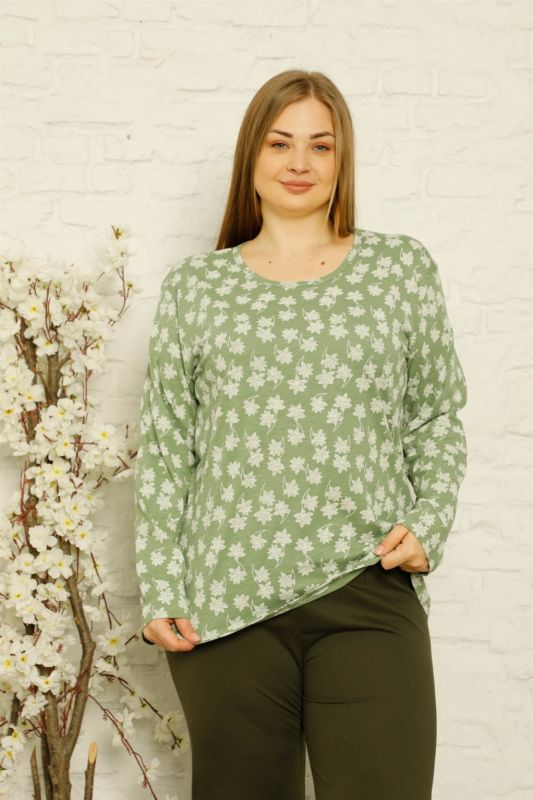Kadın %100 Pamuk Cepli Uzun Kol Büyük Beden Pijama Takım 202118 - 1