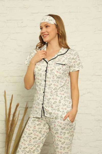 Moda Çizgi - Moda Çizgi Kadın %100 Pamuk Önden Düğmeli Kısa Kol Pijama Takım 2842