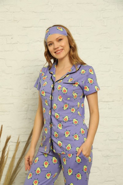 Moda Çizgi - Moda Çizgi Kadın %100 Pamuk Önden Düğmeli Kısa Kol Pijama Takım 2843