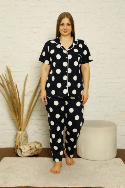 Moda Çizgi Kadın Pamuklu Cepli Kısa Kol Büyük Beden Pijama Takım 202123 - Thumbnail
