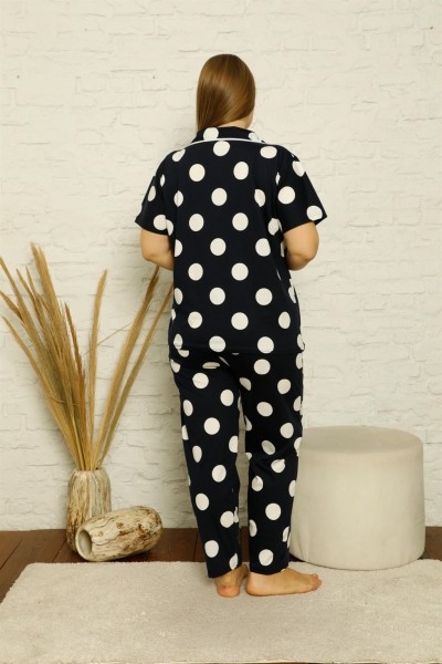 Moda Çizgi Kadın Pamuklu Cepli Kısa Kol Büyük Beden Pijama Takım 202123 - Thumbnail