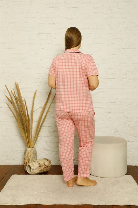 Moda Çizgi Kadın Pamuklu Cepli Kısa Kol Büyük Beden Pijama Takım 202126 - 3