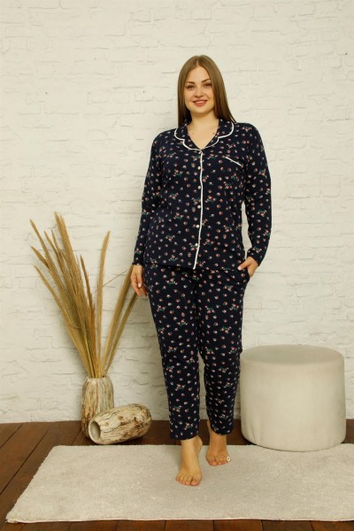 Moda Çizgi Kadın Pamuklu Cepli Uzun Kol Büyük Beden Pijama Takım 202127 - Thumbnail