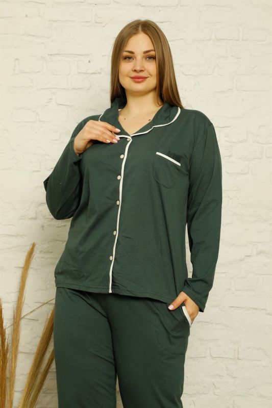 Moda Çizgi Kadın Pamuklu Cepli Uzun Kol Büyük Beden Pijama Takım 202129 - 1