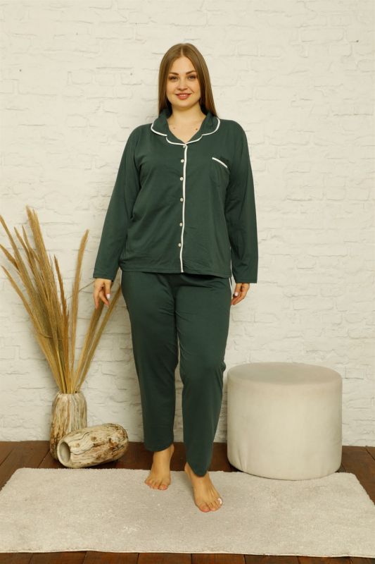 Moda Çizgi Kadın Pamuklu Cepli Uzun Kol Büyük Beden Pijama Takım 202129 - 2