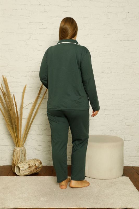 Moda Çizgi Kadın Pamuklu Cepli Uzun Kol Büyük Beden Pijama Takım 202129 - 3