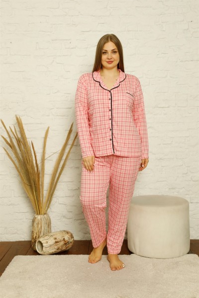 Moda Çizgi Kadın Pamuklu Cepli Uzun Kol Büyük Beden Pijama Takım 202130 - Thumbnail