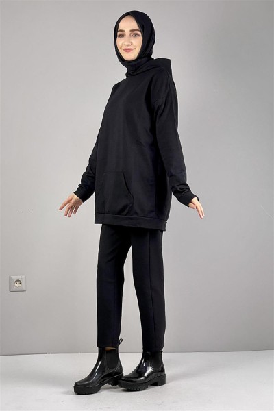 Moda Pinhan - Kapişonlu İki İplik Sweat Siyah