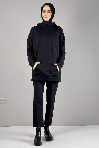 Kapişonlu İki İplik Sweat Siyah - Thumbnail