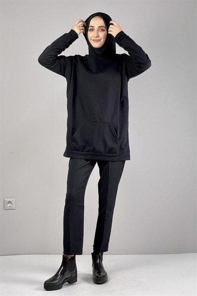 Kapişonlu İki İplik Sweat Siyah - Thumbnail
