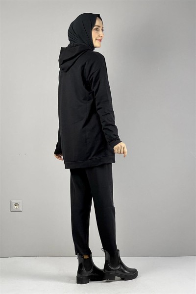 Kapişonlu İki İplik Sweat Siyah - Thumbnail