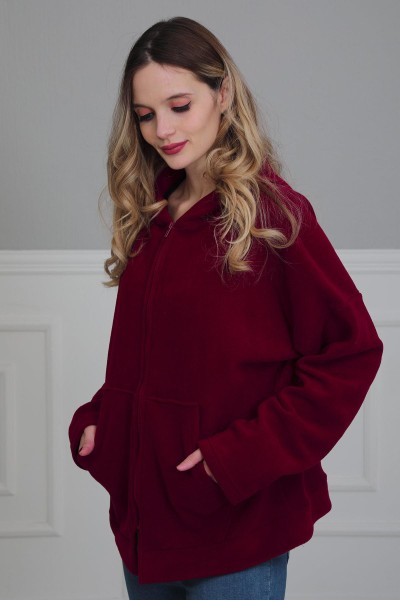 Moda Çizgi - Hooded Zippered Pocket Fleece Sweatshirt,SW-3 Claret Red