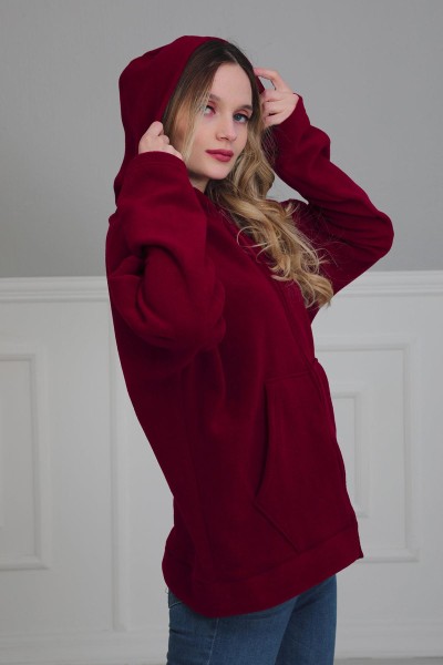 Kapüşonlu Fermuarlı Cepli Polar Sweatshirt,SW-3 Bordo - Thumbnail