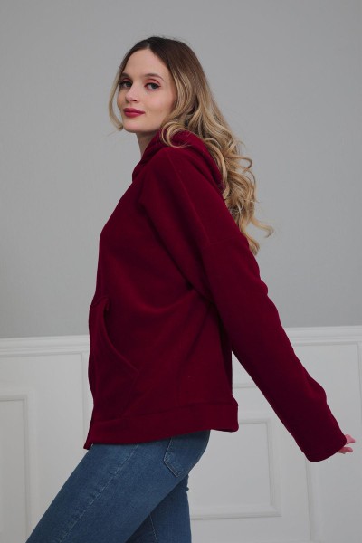 Kapüşonlu Fermuarlı Cepli Polar Sweatshirt,SW-3 Bordo - Thumbnail