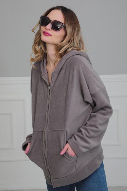 Kapüşonlu Fermuarlı Cepli Polar Sweatshirt,SW-3 Gri - 1