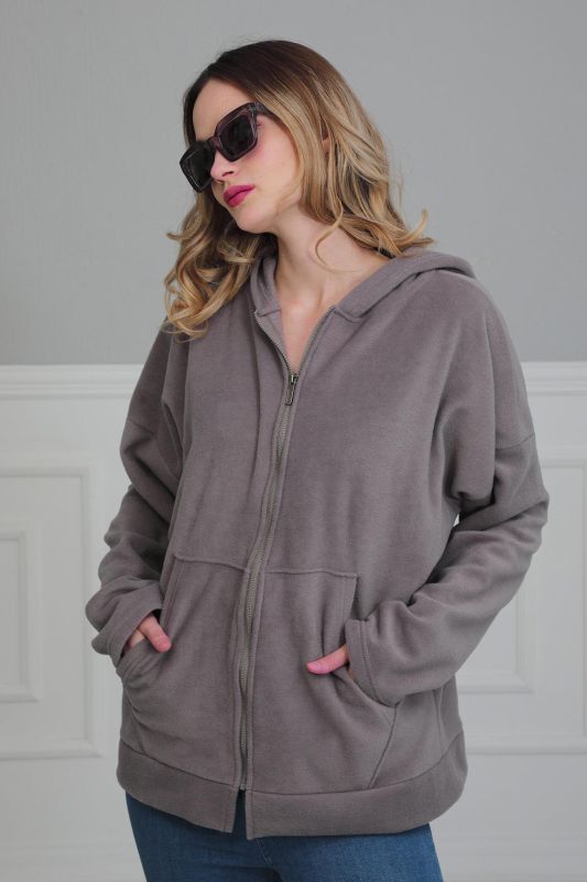 Kapüşonlu Fermuarlı Cepli Polar Sweatshirt,SW-3 Gri - 3