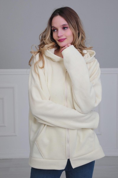 Moda Çizgi - Kapüşonlu Fermuarlı Cepli Polar Sweatshirt,SW-3 Krem