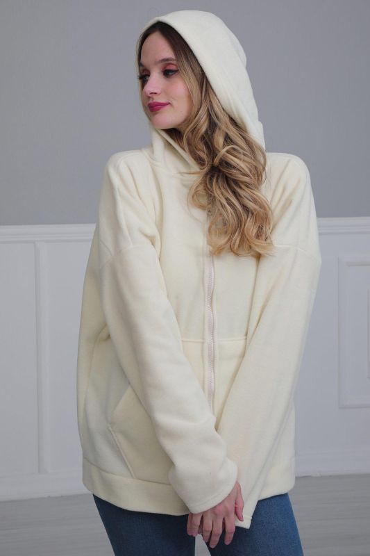 Kapüşonlu Fermuarlı Cepli Polar Sweatshirt,SW-3 Krem - 4