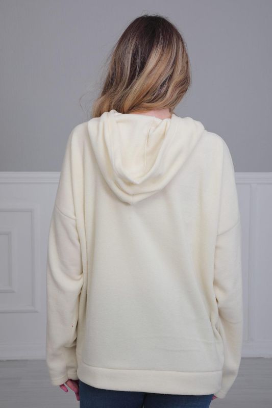 Kapüşonlu Fermuarlı Cepli Polar Sweatshirt,SW-3 Krem - 6