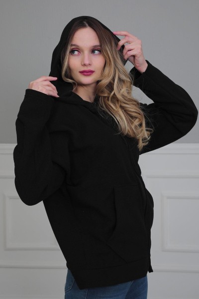 Kapüşonlu Fermuarlı Cepli Polar Sweatshirt,SW-3 Siyah - Thumbnail