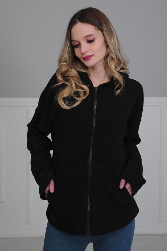 Kapüşonlu Fermuarlı Cepli Polar Sweatshirt,SW-3 Siyah - 1