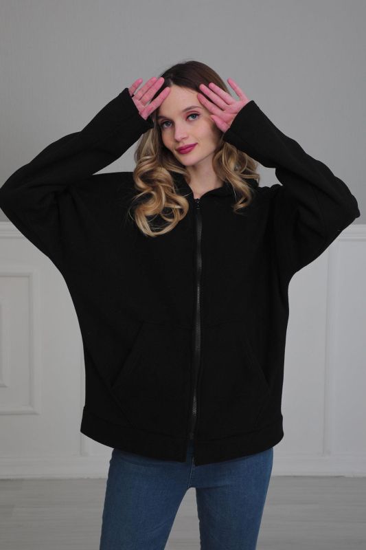 Kapüşonlu Fermuarlı Cepli Polar Sweatshirt,SW-3 Siyah - 2