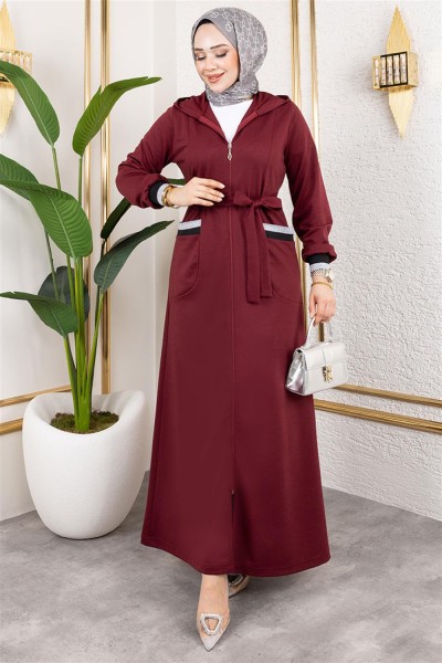 Kapüşonlu Ribanalı Ferace BORDO - Thumbnail