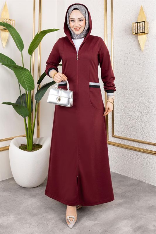 Kapüşonlu Ribanalı Ferace BORDO - 1