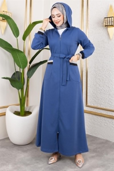 MP - Kapüşonlu Ribanalı Ferace İNDİGO