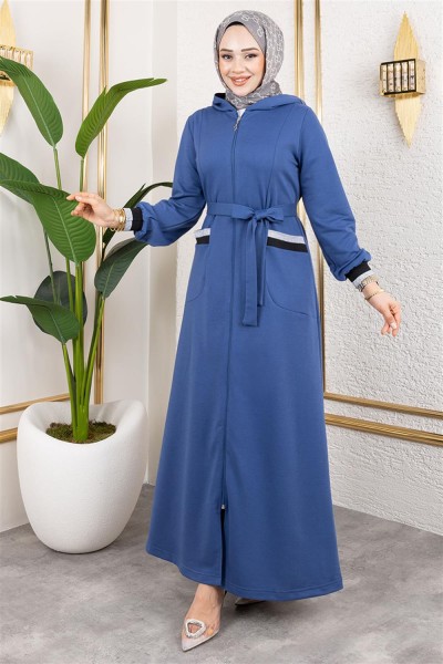 Kapüşonlu Ribanalı Ferace İNDİGO - Thumbnail