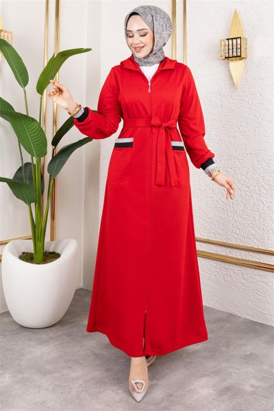 Kapüşonlu Ribanalı Ferace KIRMIZI - Thumbnail