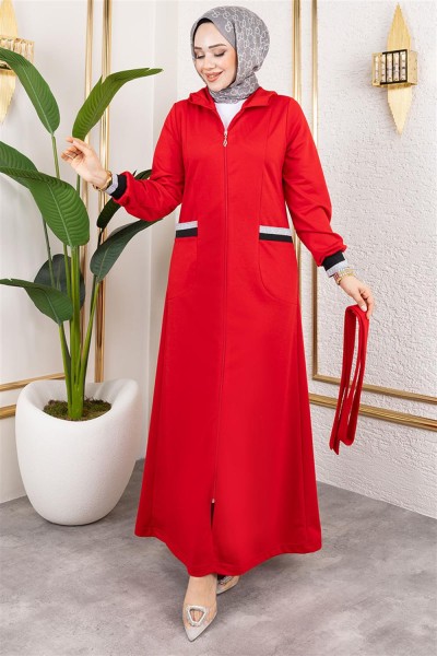 MP - Kapüşonlu Ribanalı Ferace KIRMIZI