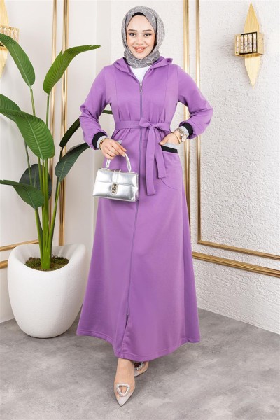 Kapüşonlu Ribanalı Ferace LİLA - Thumbnail