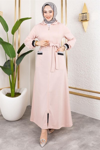 Kapüşonlu Ribanalı Ferace PUDRA - Thumbnail