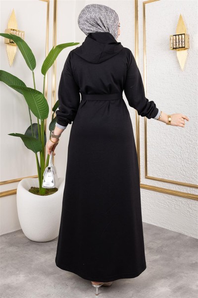 Kapüşonlu Ribanalı Ferace SİYAH - Thumbnail