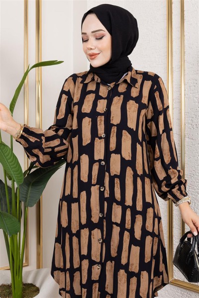 Kareli Viskon Tunik KAHVERENGİ - Thumbnail