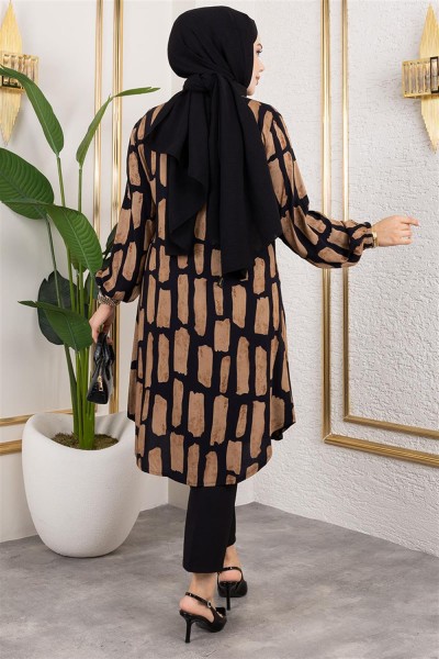 Kareli Viskon Tunik KAHVERENGİ - Thumbnail