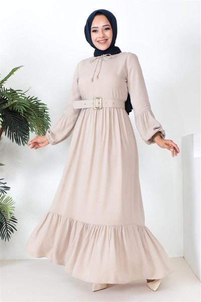 SGS - Kemer Detaylı Tesettür Elbise BEJ