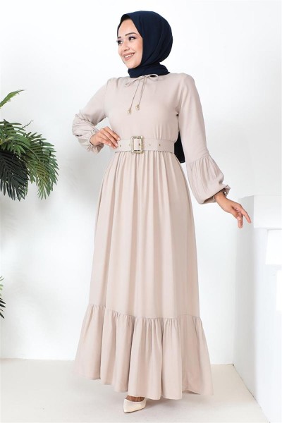 Kemer Detaylı Tesettür Elbise BEJ - Thumbnail