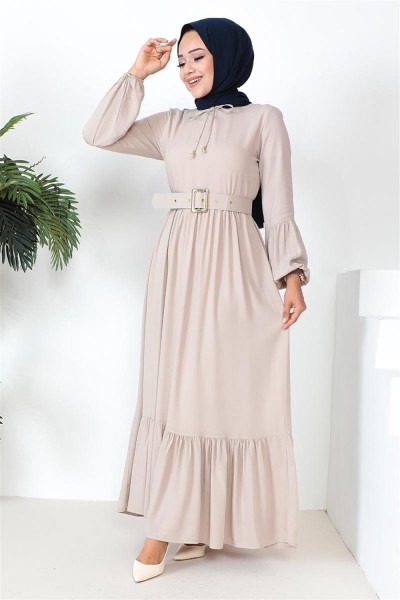Kemer Detaylı Tesettür Elbise BEJ - Thumbnail