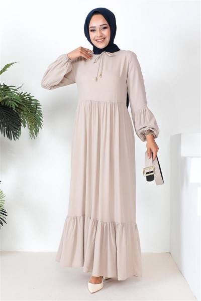 Kemer Detaylı Tesettür Elbise BEJ - Thumbnail