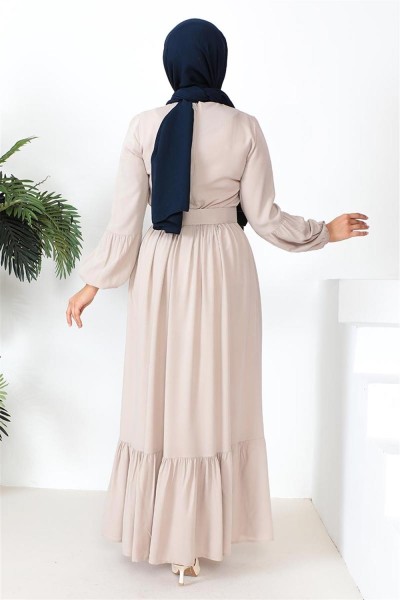 Kemer Detaylı Tesettür Elbise BEJ - Thumbnail