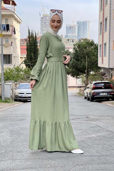 Kemer Detaylı Tesettür Elbise ÇAĞLA YEŞİLİ - Thumbnail